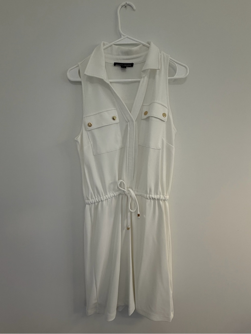 Boston Proper White Sleeveless Drawstring Shirtdress Jumpsuit